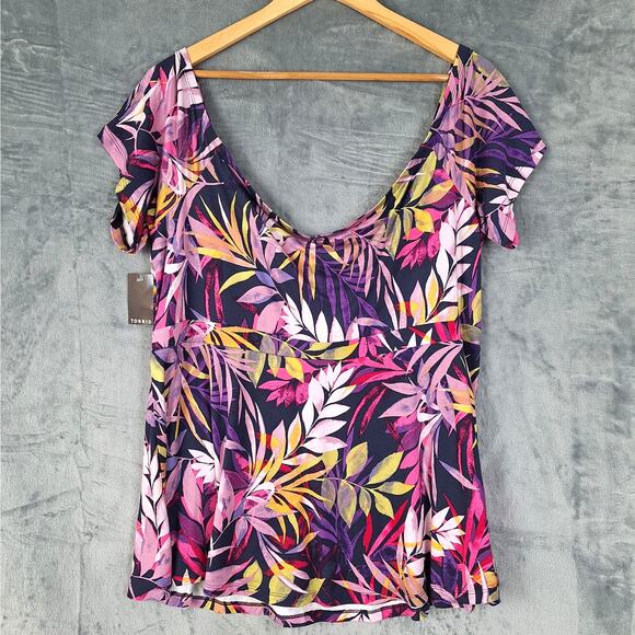 Torrid Top 3X Babydoll Tie‎ Front Off Shoulder Floral Summer Super Soft Knit NWT - Picture 9 of 10